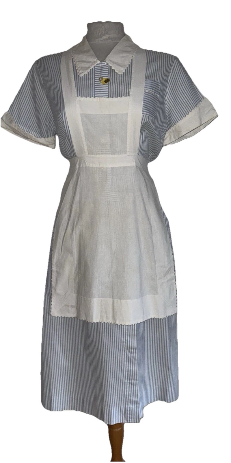 YORK VINTAGE MAIDS DRESS & APRON BLUE WHITE STRIPE COLLAR SIZE M 1940’S – 1950’S