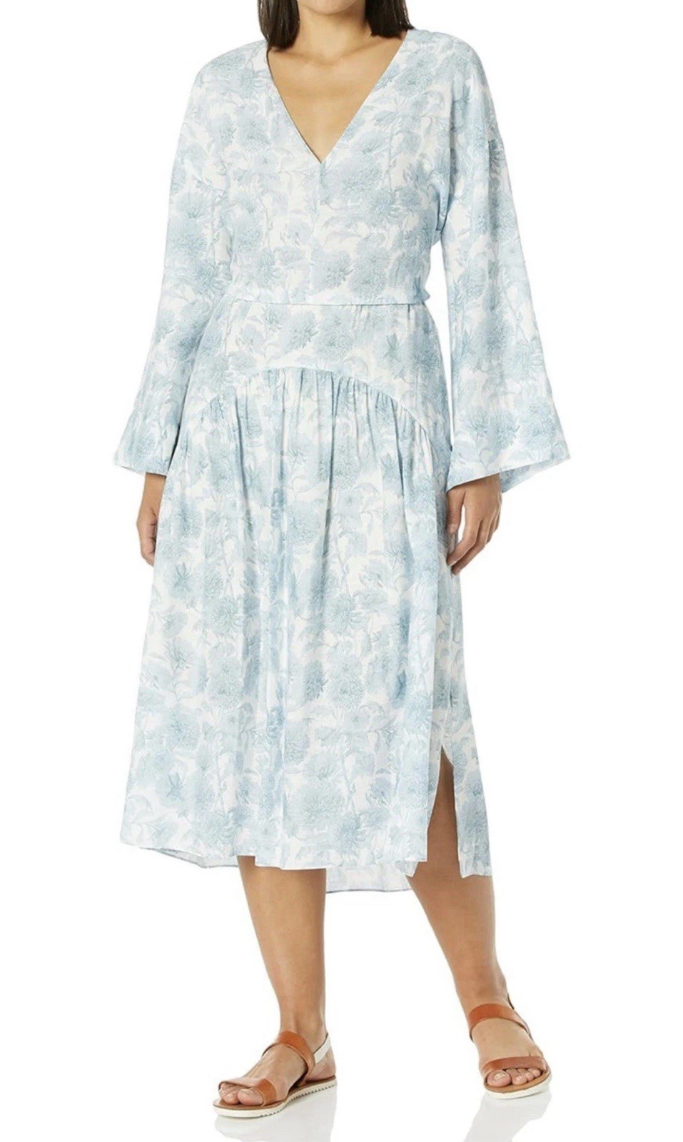 Vince Dahlia Long Sleeve Blue White Floral Print V-Neck Midi Dress Size M
