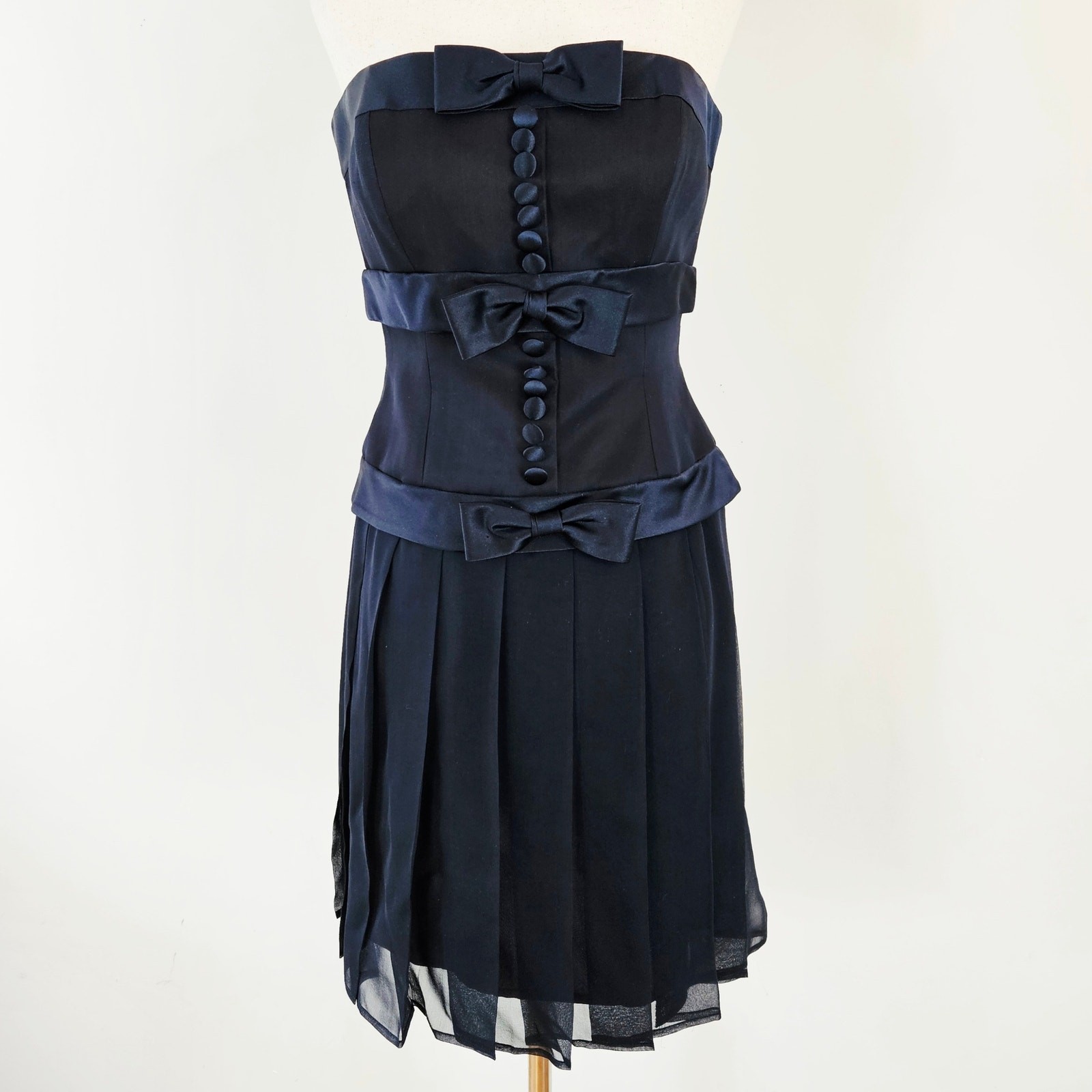 Y2k Silk Drop-Waist Dress Navy Pleated Button & Bow Kathryn Conover – Size 2