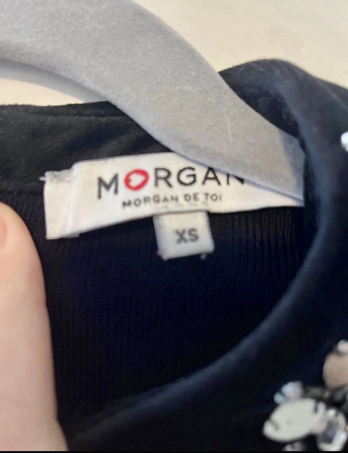 Morgan dark blue solid fit & flare dress, XS, short, beaded collared 3/4 sleeve