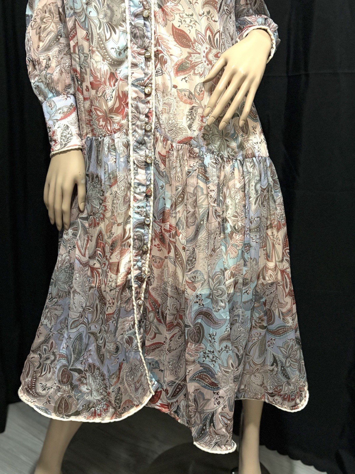 UNKNOWN JACOBEAN PRINT GEORGETTE W/SLIP IVORY, COPPER + MULTI, MAXI DRESS SMALL