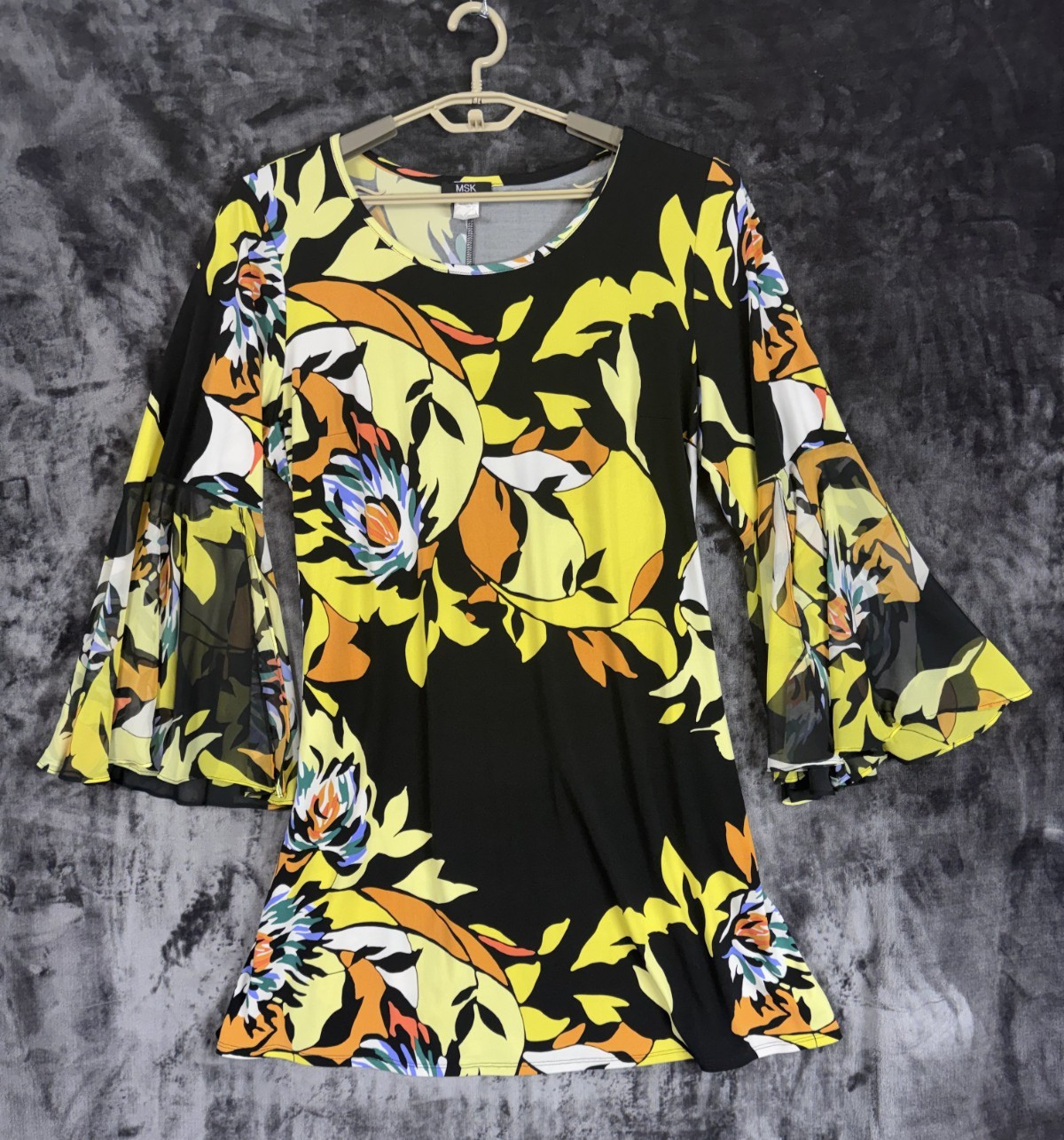 MSK Women Dress 20W Black Yellow Floral Bell Sleeve Sheer Split Sleeve Stretch
