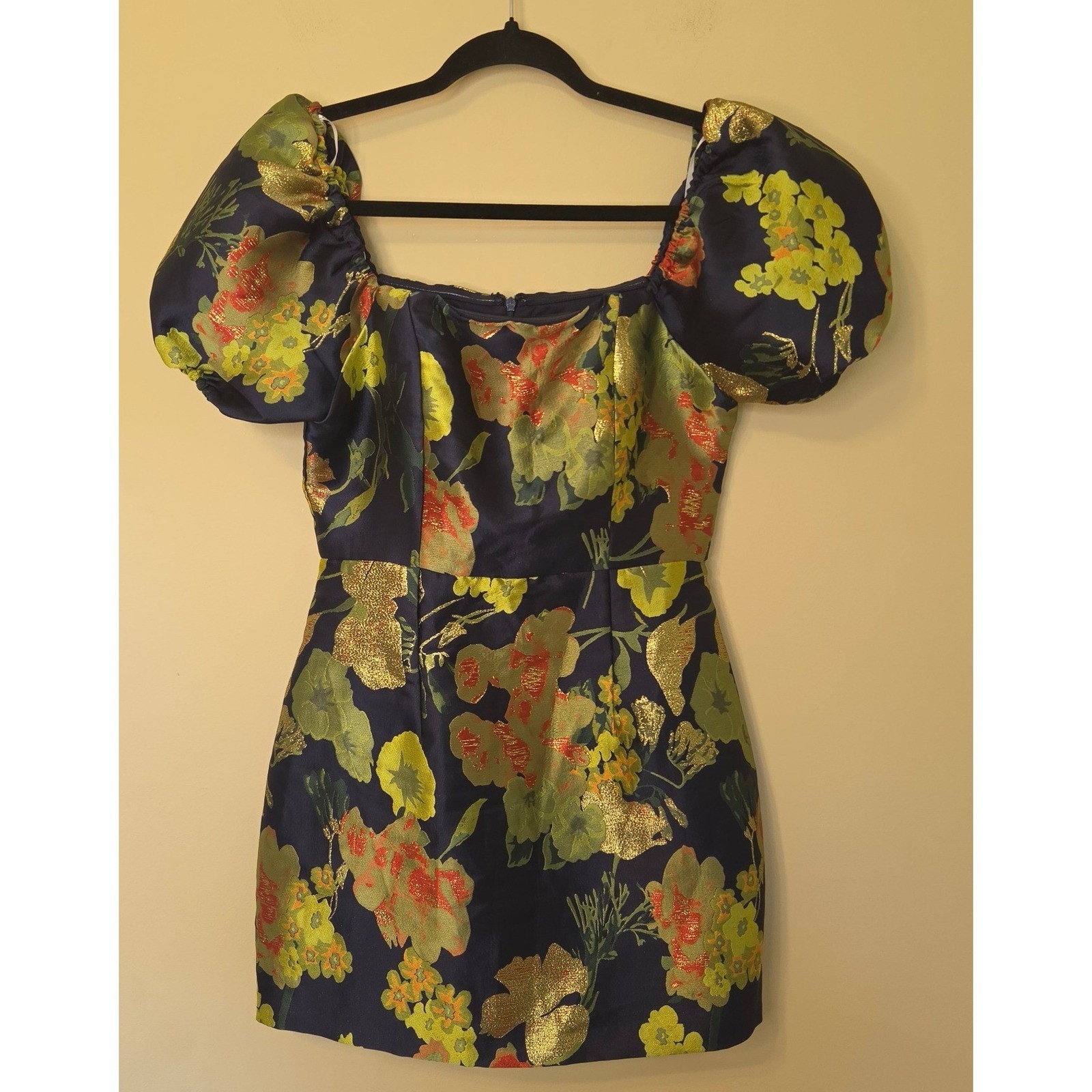 Lulus Navy Blue Gold Floral Brocade Jacquard Puff Sleeve Mini Dress Small