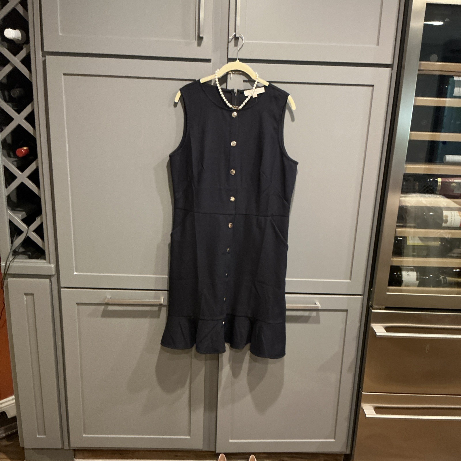 LOFT Navy Sleeveless Sheath Dress Knee Length Button Ruffle Pockets Stretch 12