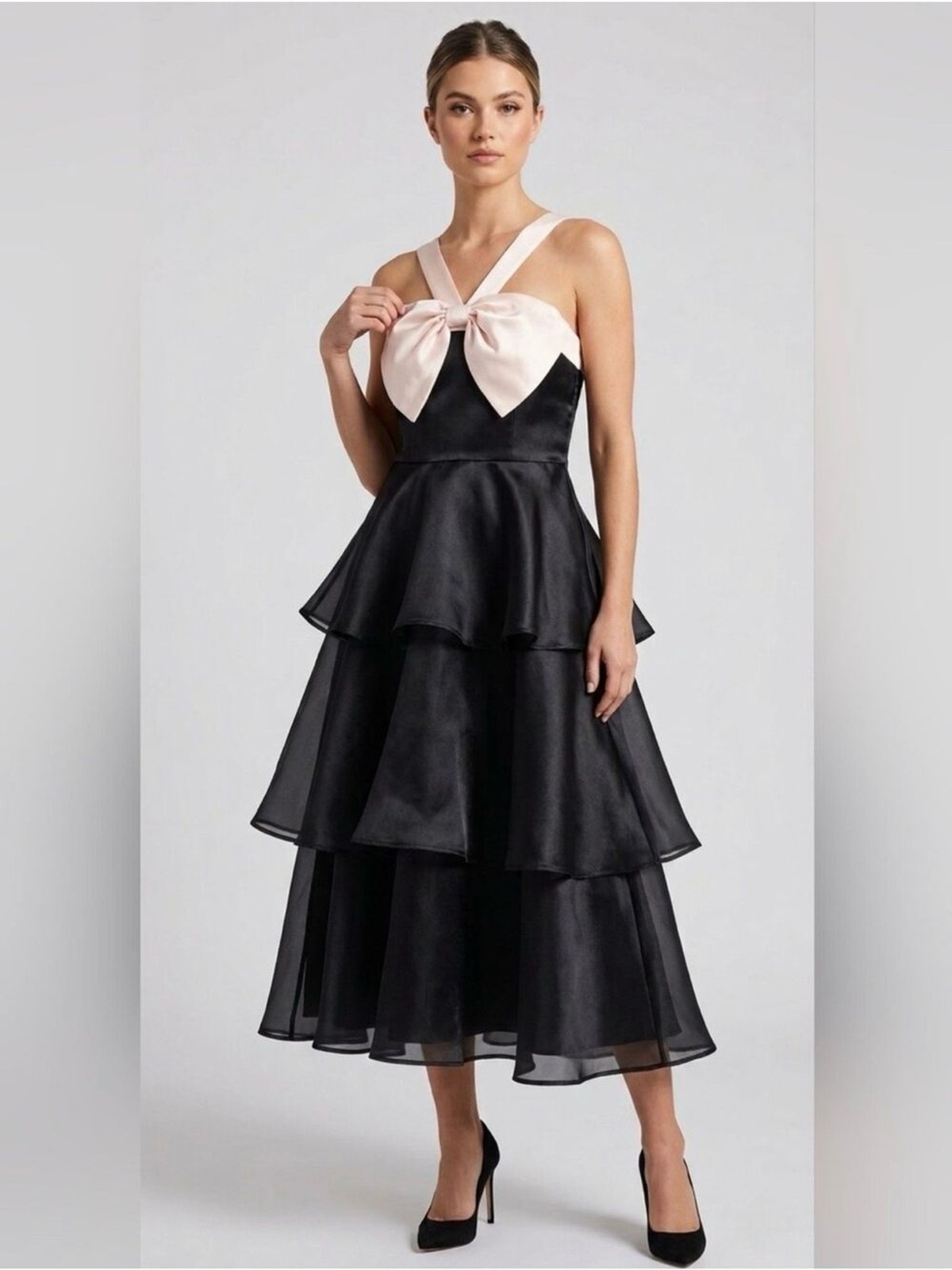 Lulus Black Cream Organza Tiered Midi Dress Satin Bow Formal Prom Gown Sz S NWT