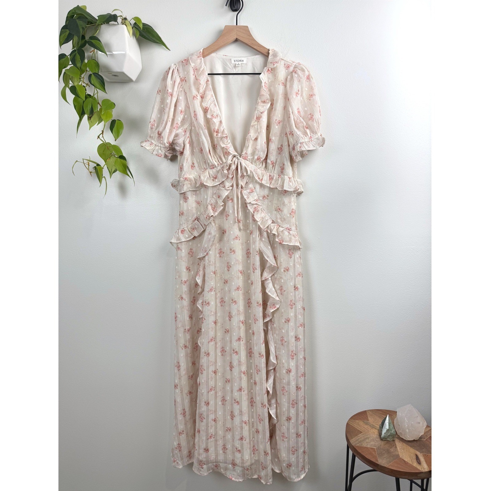 Storia Floral Maxi Dress Cream Pink Metallic Stripe XL Cottagecore Coquette Boho