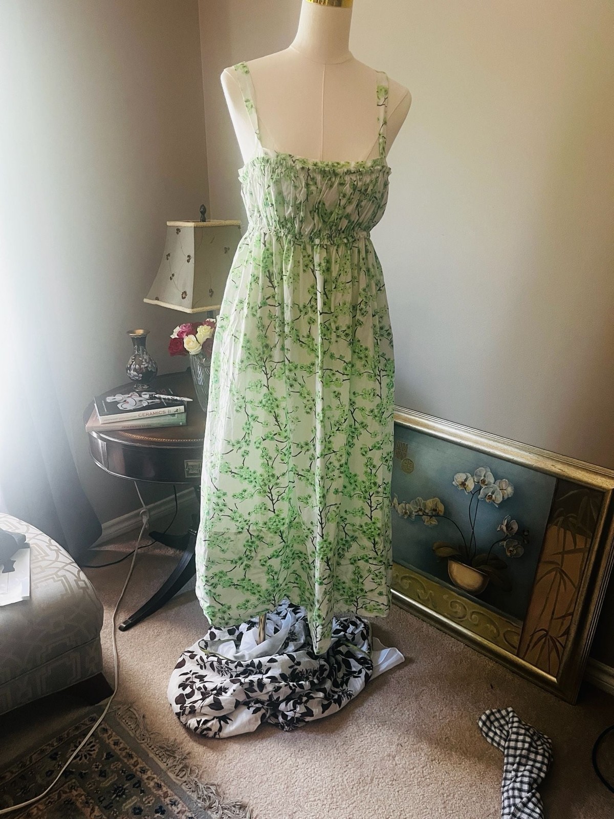 J. Crew Gathered Tank Midi Dress in Lime Cherry Blossoms Women’s Size 8