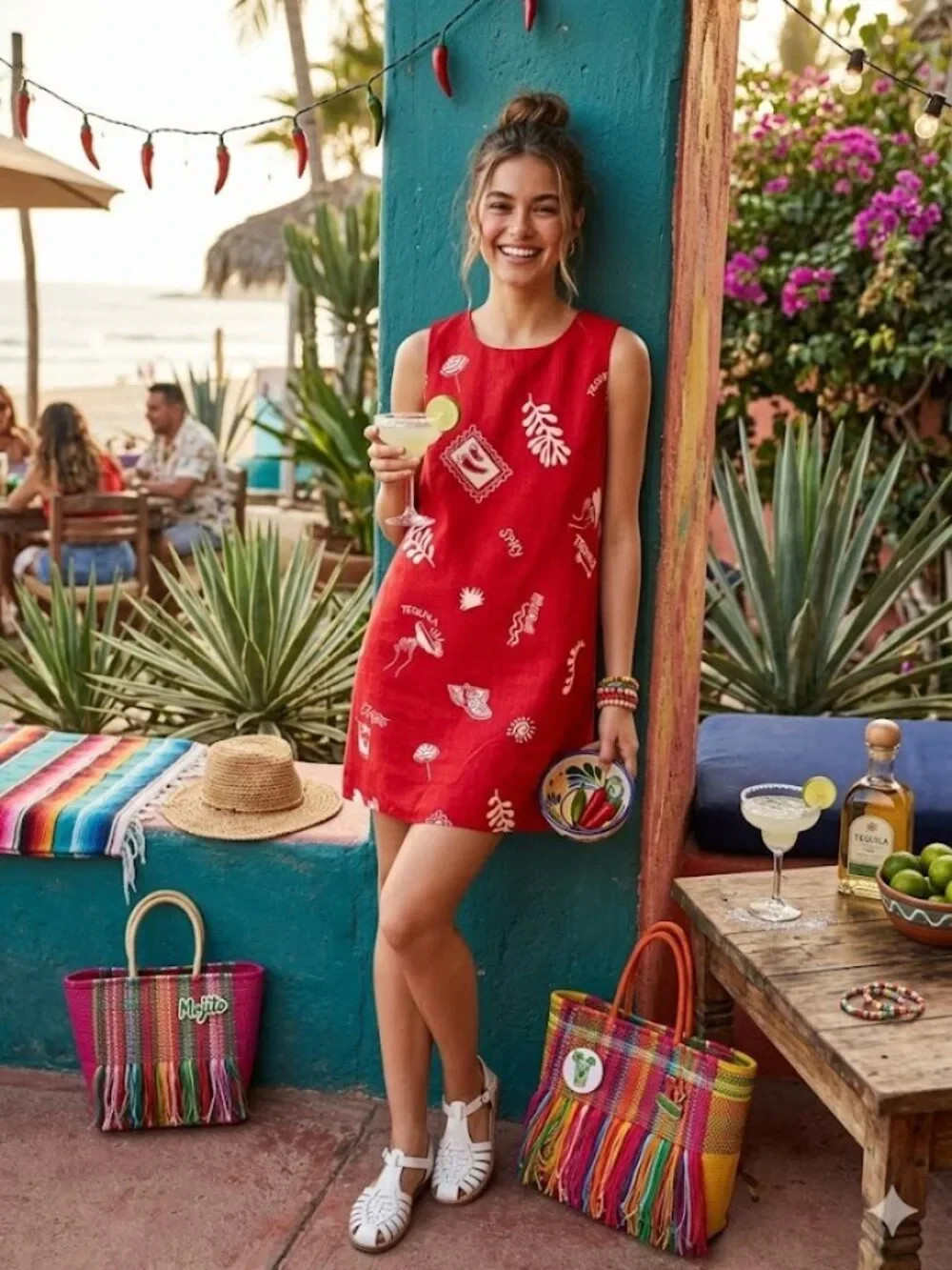 Anthropologie Paper Heart Tequila Linen Blend Dress M Pockets Red Margarita Mini
