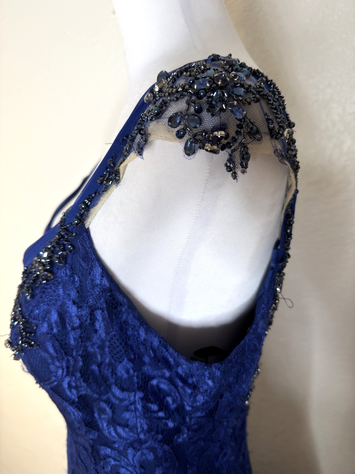 Mac Duggal Iridescent Ruffle Sequin Beads Ruffle Maxi Mermaid Lace 10 Blue Dress
