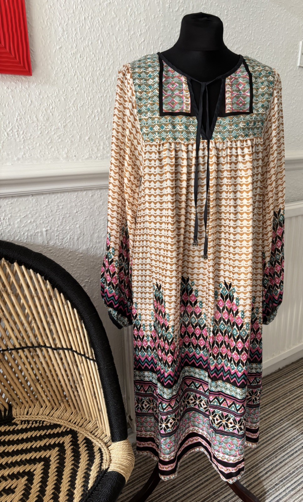 Monsoon Heritage Bombay 100% Silk Indian Kaftan Multicolour Midi Dress Size 12