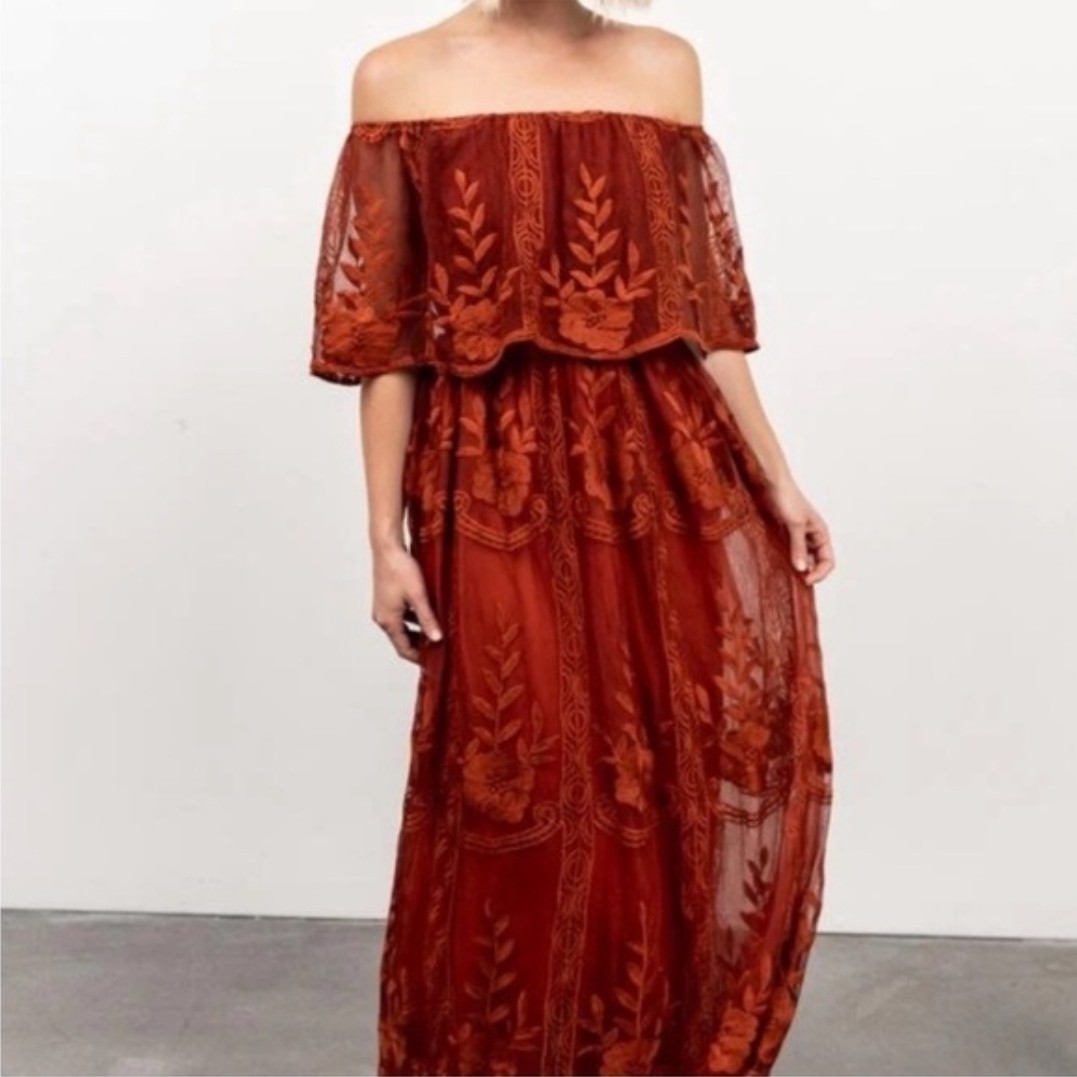 Baltic Born Leon Off Shoulder Lace Dress Size M Orange Rust Maxi Boho Peasant