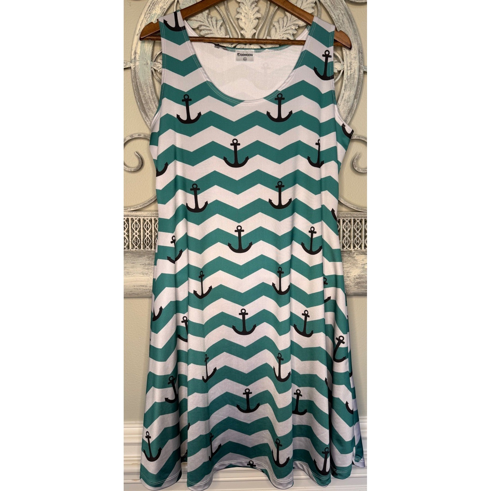 CowCow Womens Plus 2XL Teal Chevron Anchor Nautical Skater Dress Sleeveless EUC