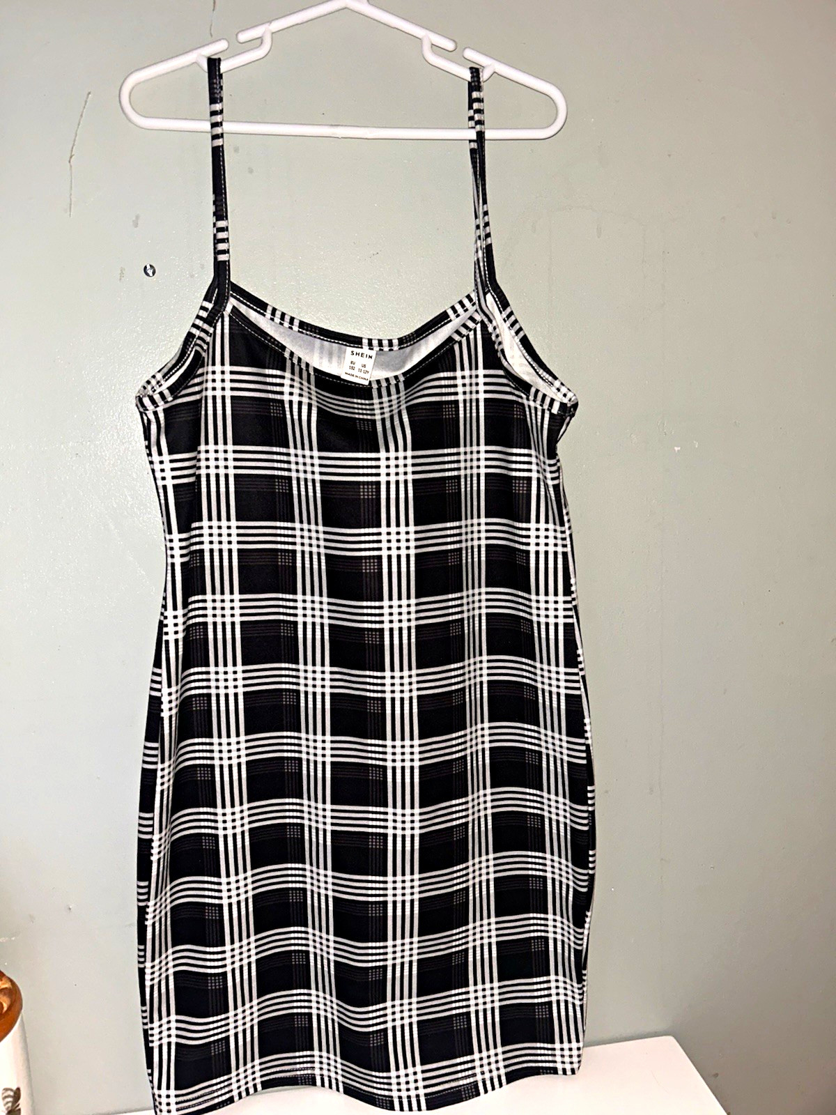 SHEIN Black/White Plaid Strappy Sleeveless Scoop Neck Mini Dress 11-12Y