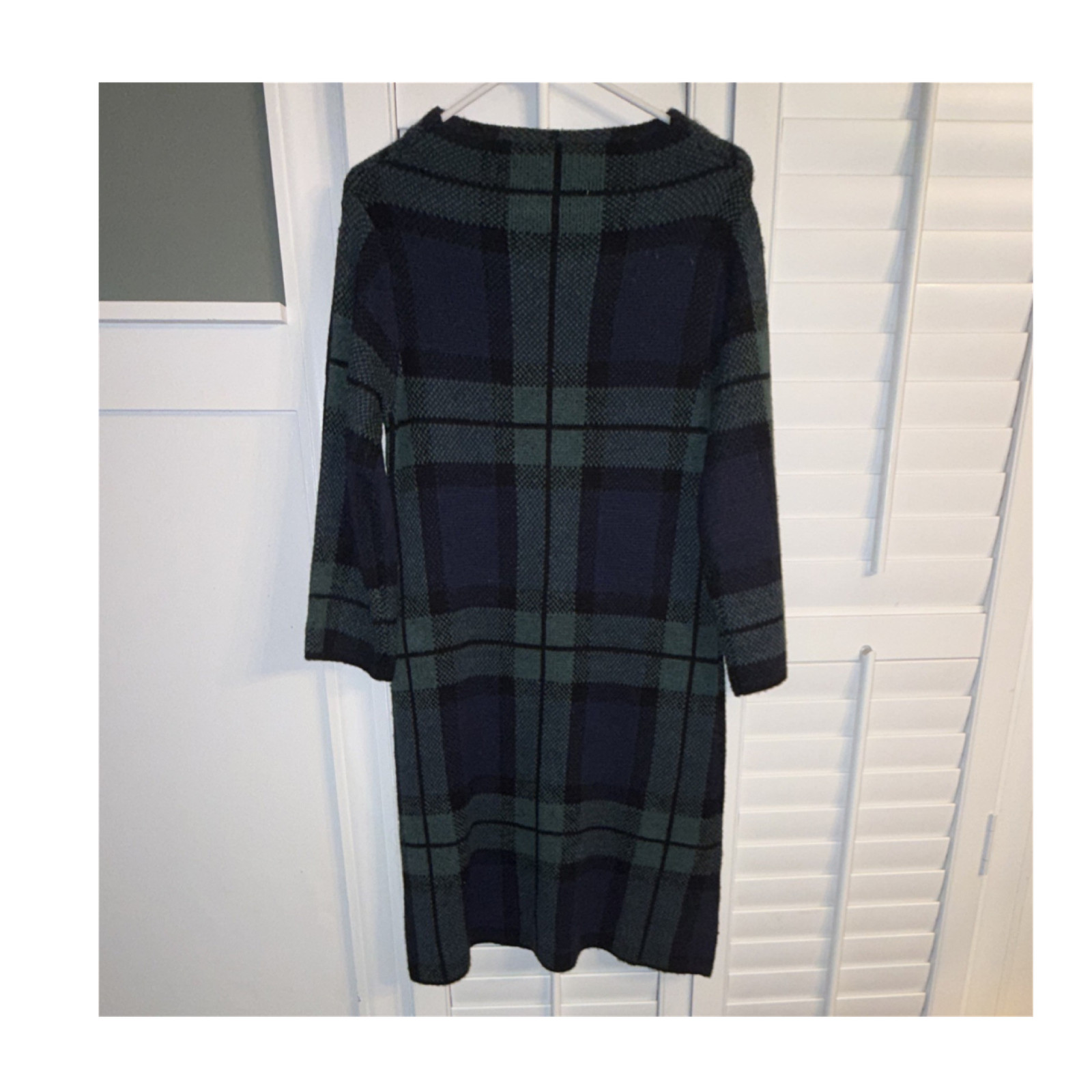 Studio One New York Green Black Blue Plaid Knit Sweater Dress Boat Neck 3/4 S