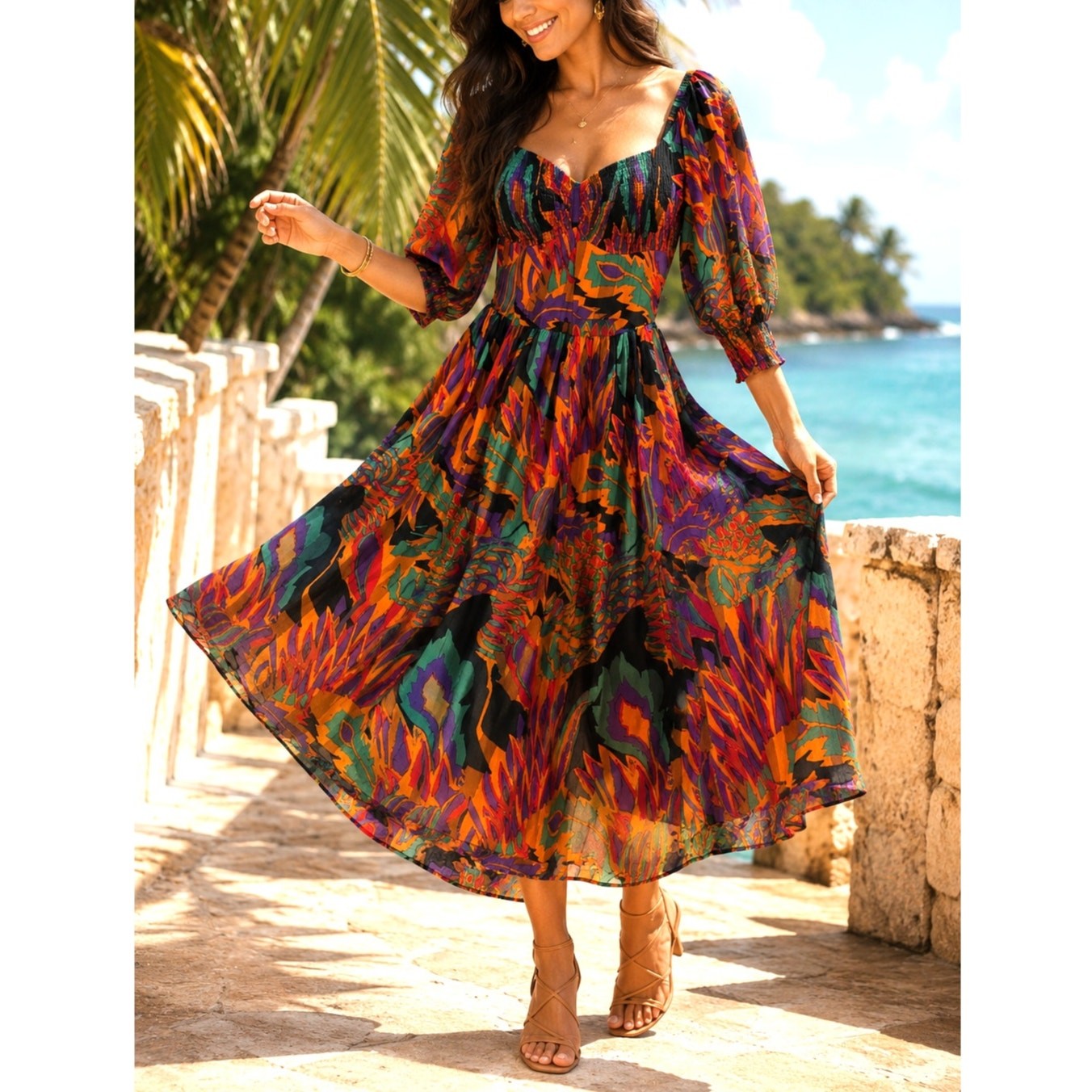 House of Harlow Floral Midi Dress Small Fit and Flare Boho Puff Sleeve Tropical