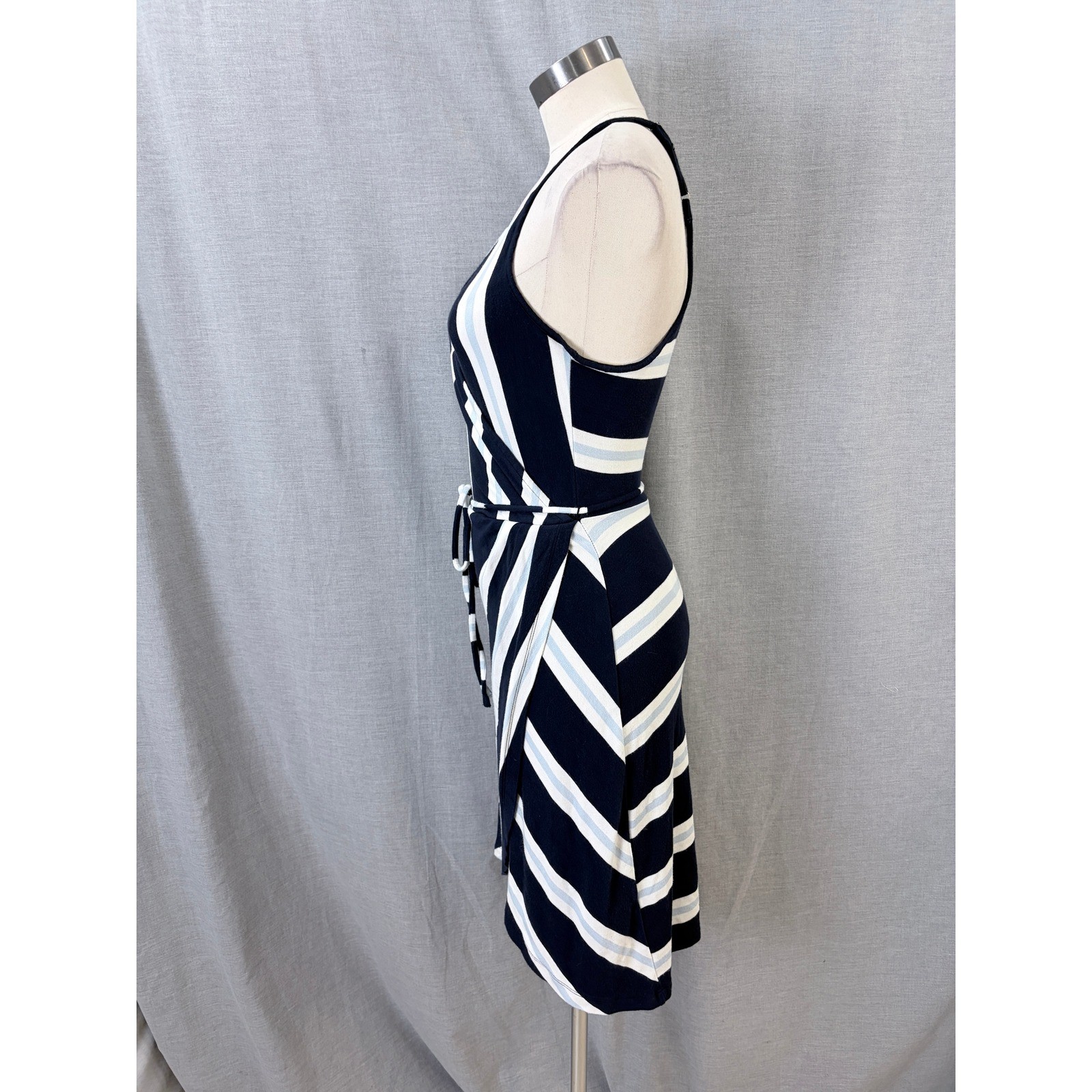 41 Hawthorn Navy Blue White Striped Sleeveless Faux Wrap Tulip Hem Dress PM