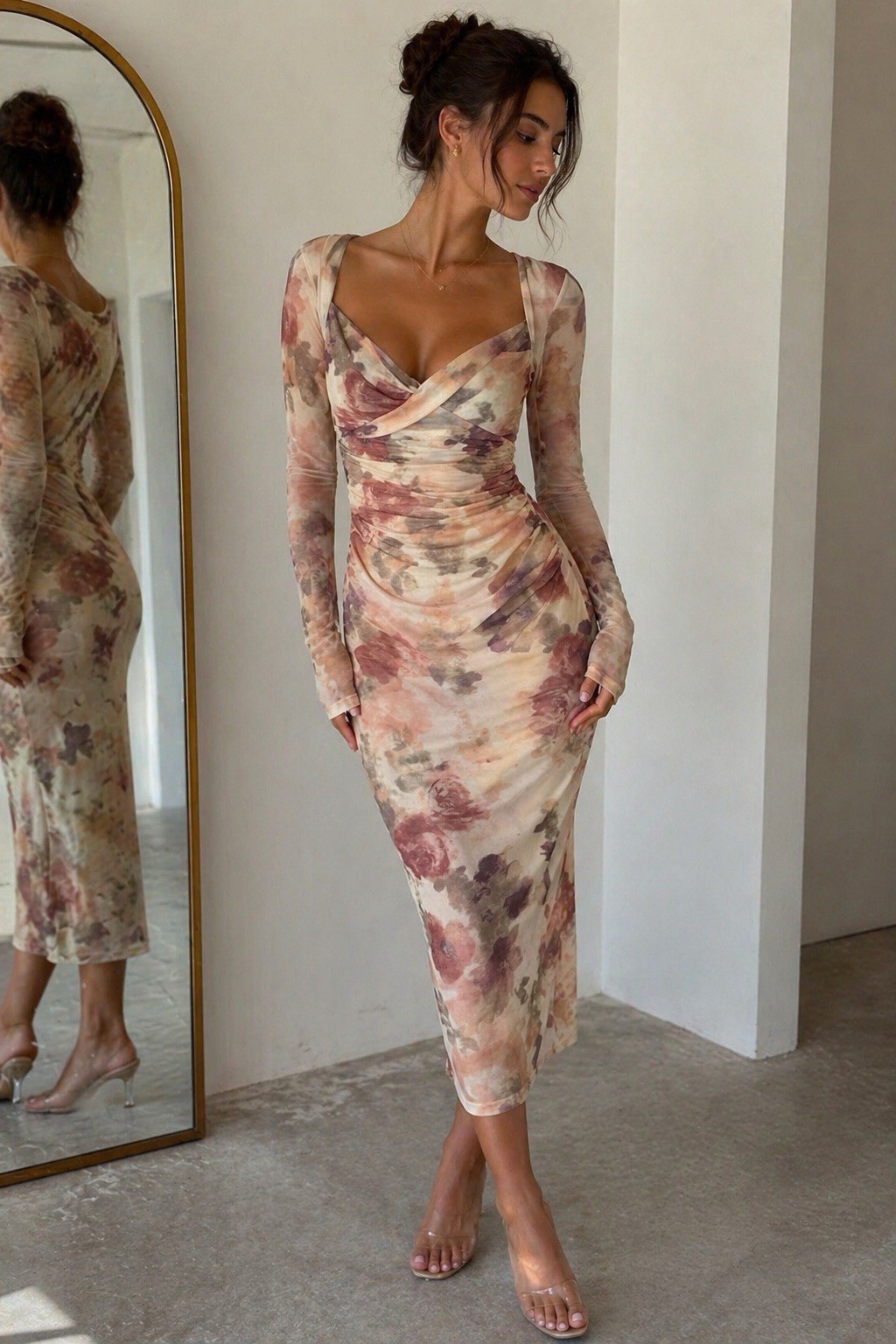 Sheer Floral Mesh Midi Dress Ruched Long Sleeve Bodycon Romantic Wedding Guest