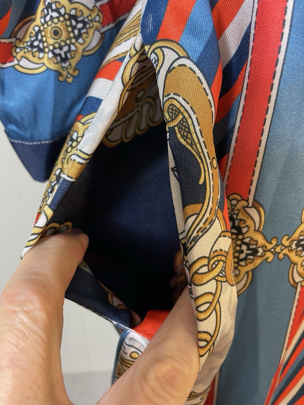 Sam Link 3/4 Sleeve Button Maxi Dress M satin gold chains pockets blue Summer