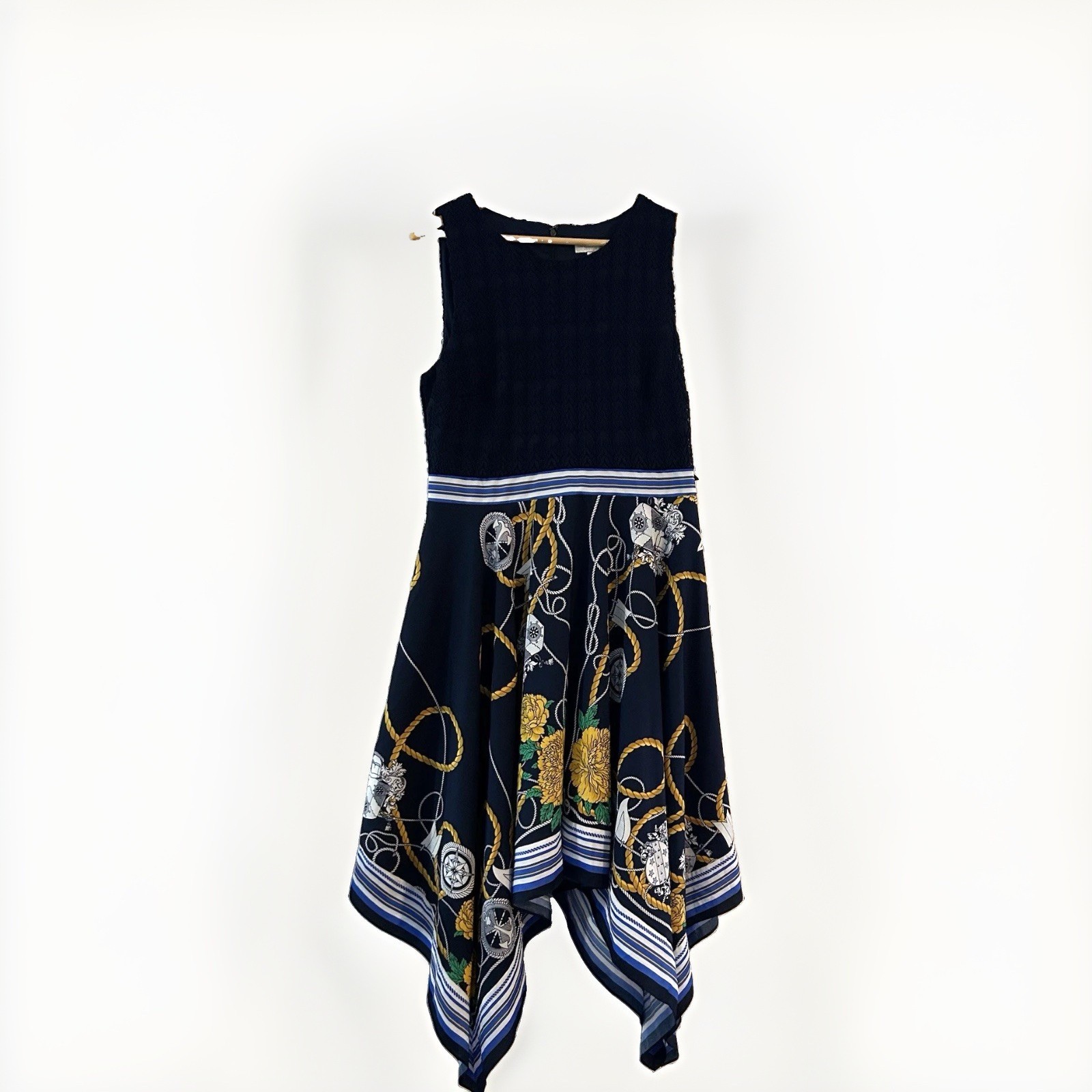 NY&C Handkerchief Dress SzL Navy Lace Silky Nautical Yacht Wedding Guest NWT