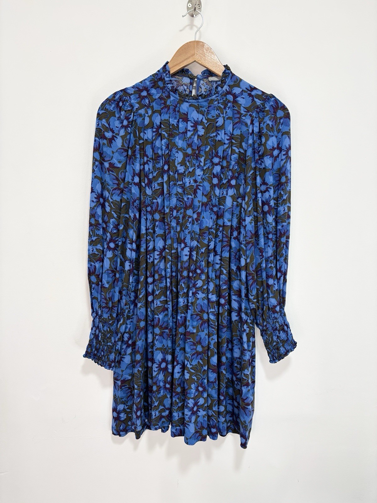 Oliver Bonas Mini Dress Size 10 UK Blue Floral Pleated Ruched Cuffs Frill Collar