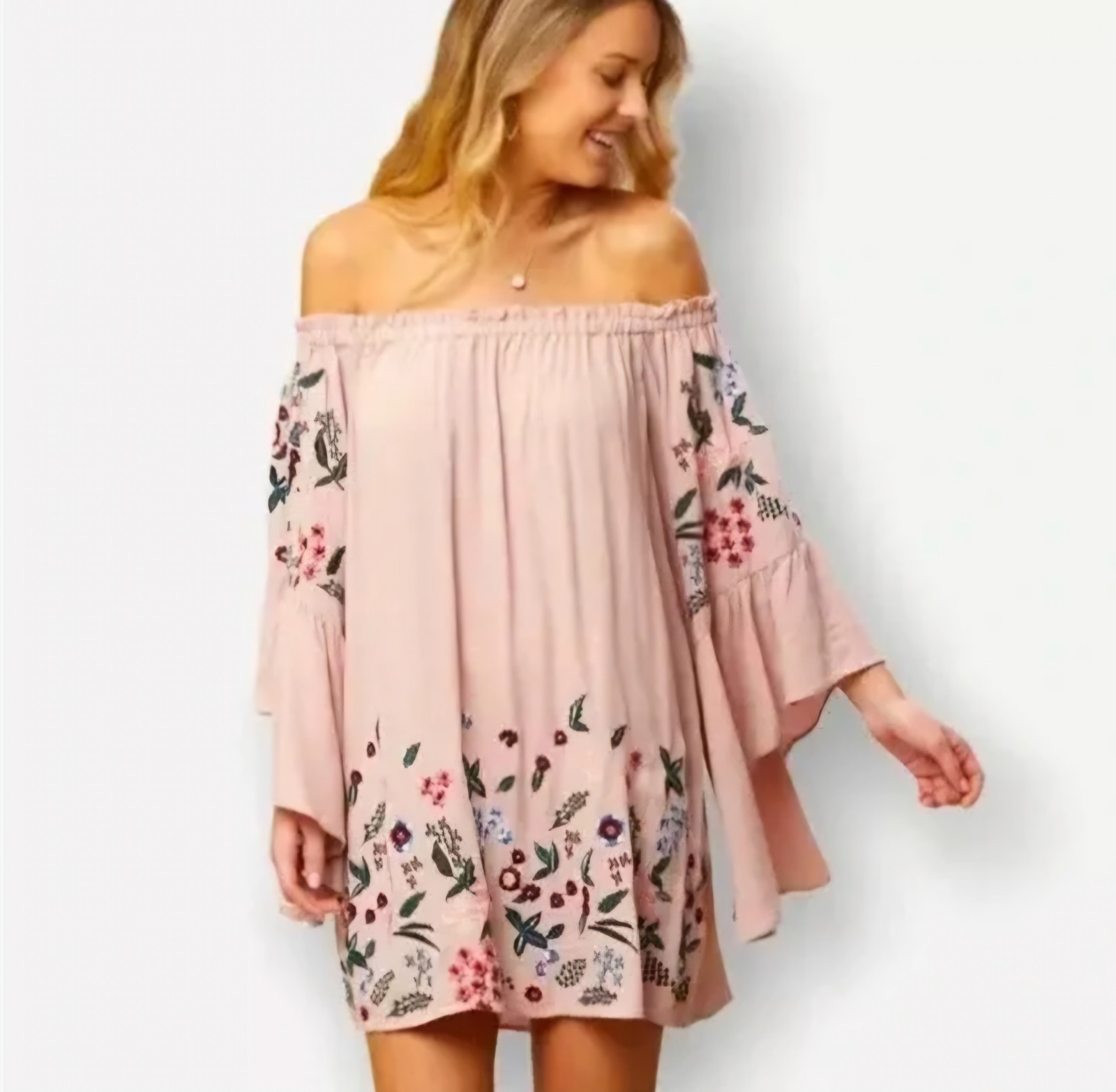 Boho Flowy Dress Floral Embroidered Off Shoulder Bell Sleeves Pink Medium