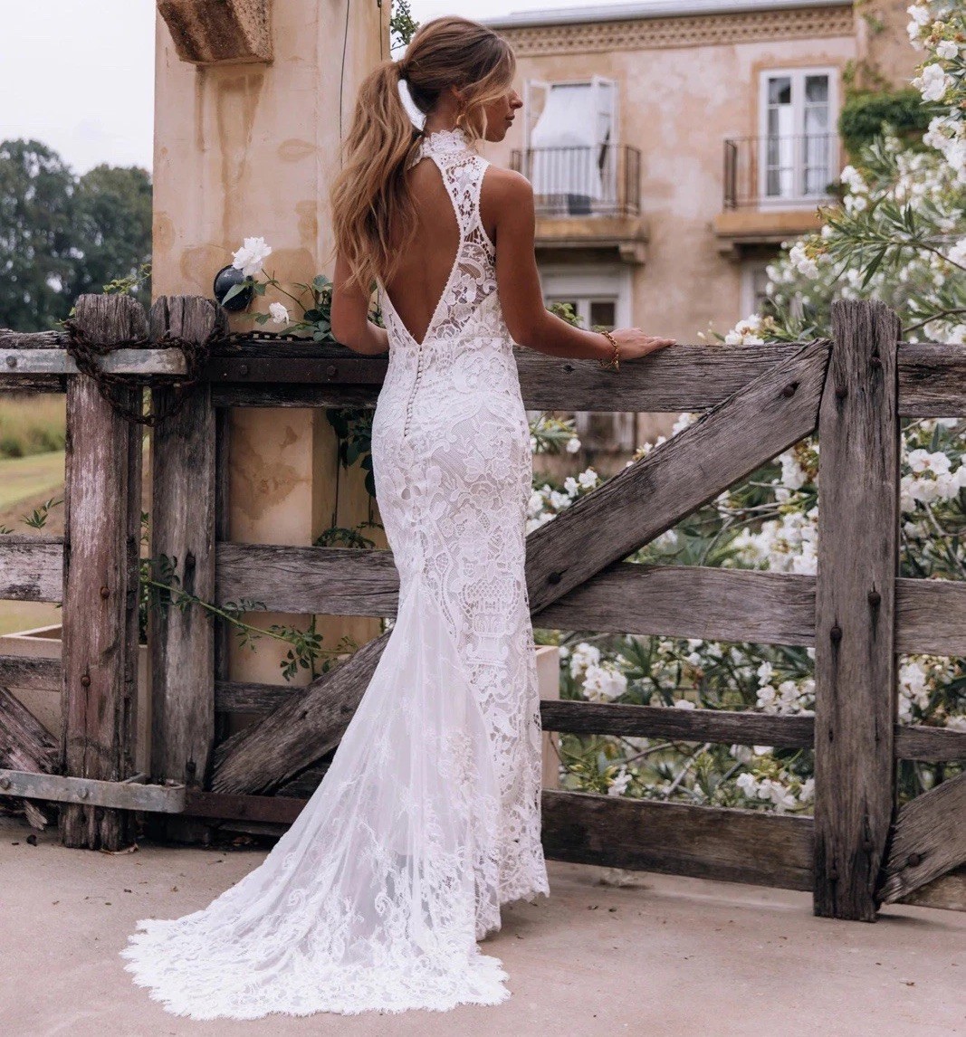 Spell Bride Edie Lace Maxi Gown Size XS High Neck Open Back Bridal Dress Train
