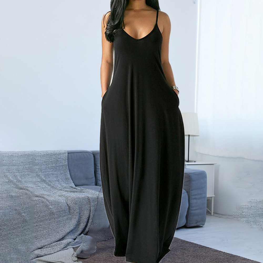 Women Casual Lady V Neck Sleeveless Long Loose Maxi Tank Dress Beach Sundress