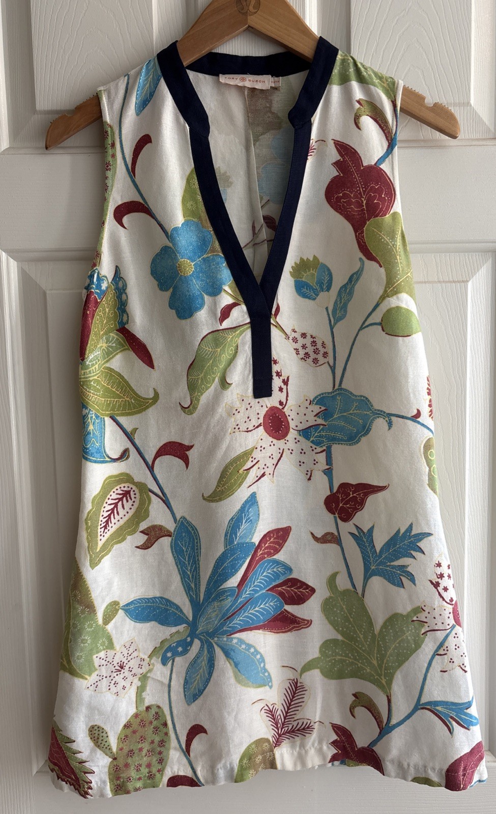 Tory Burch Floral Print Linen Blend Sleeveless V-Neck Shift Dress Size XS