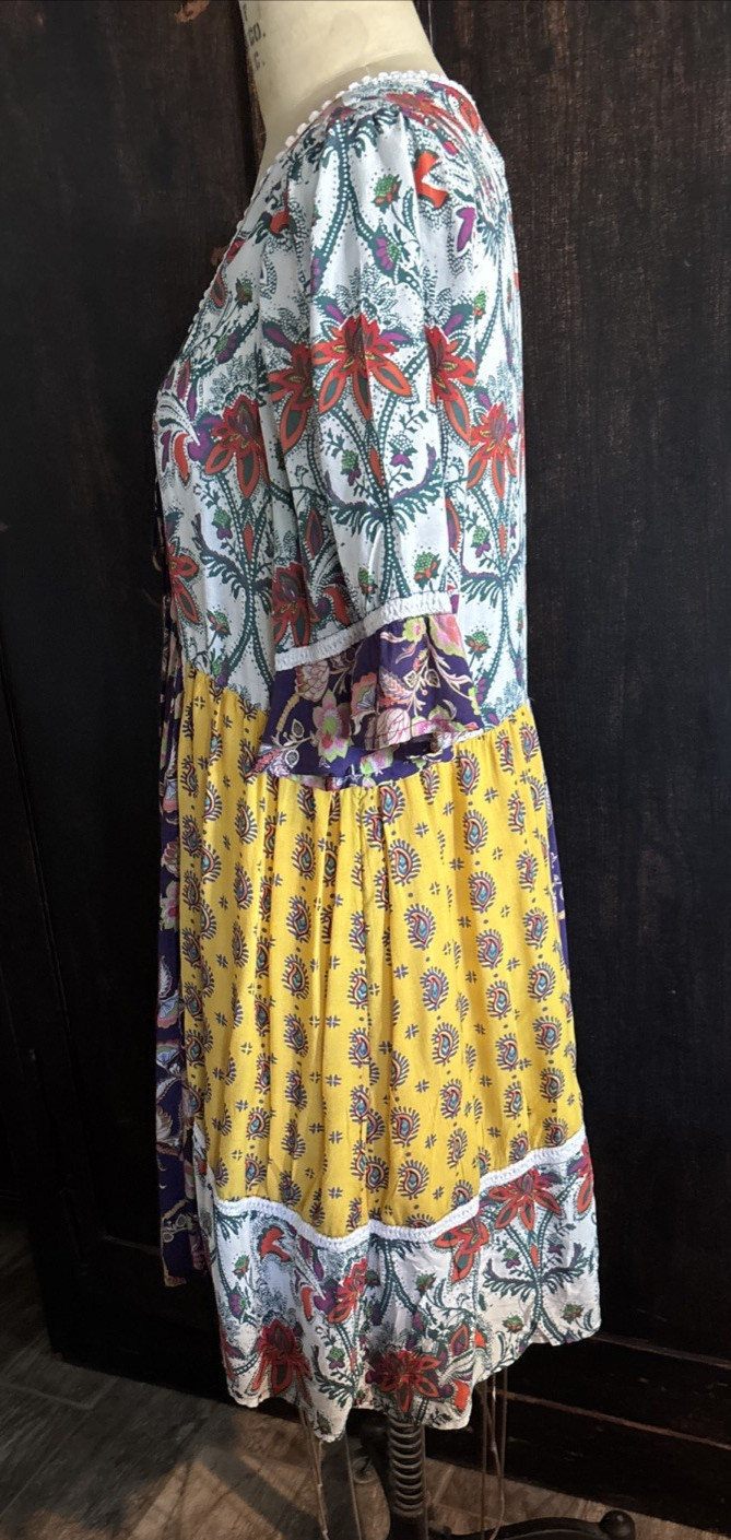 Anthropologie PATCHWORK TRAPEZE MINI DRESS Lilka Babydoll cottage core yellow XL