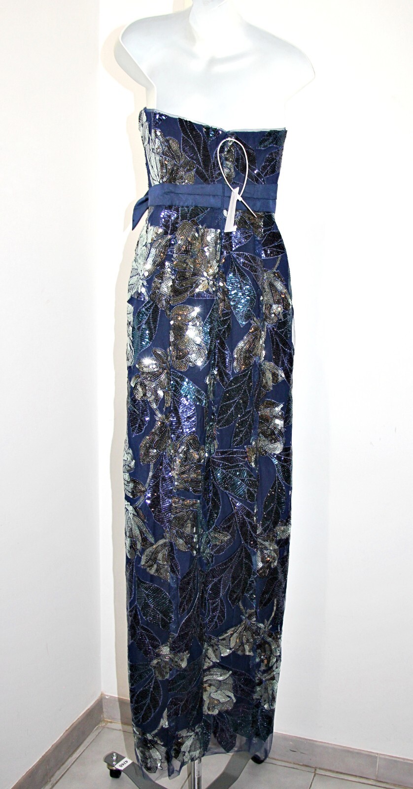 Marchesa Notte Navy & Silver Sequin Mikado Bow Gown With Deep Slit sz 6 $995