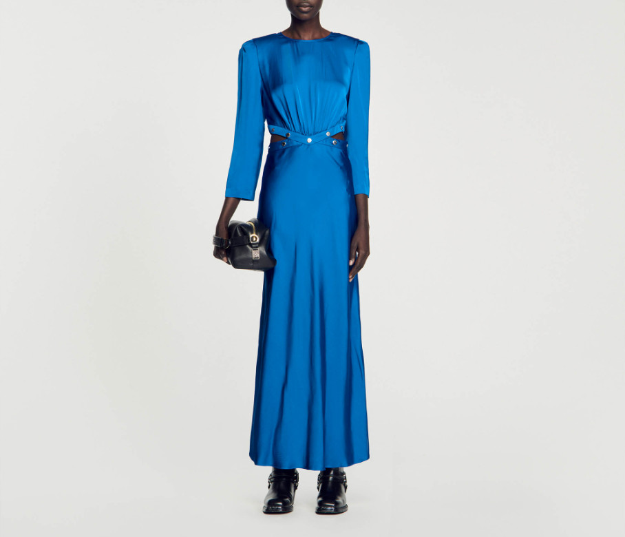 Sandro Paris Dress Blue Satin Size 34 XS Womens Cut Out Maxi Dress SFPRO03509