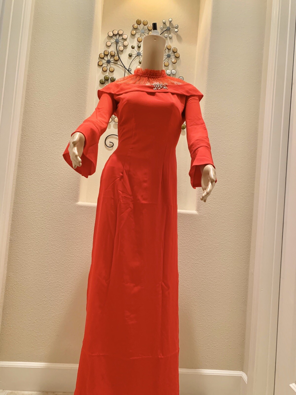 Red Ao Dai Vietnamese Double Layer Long Dress ‘NO PANTS’ ADR02102
