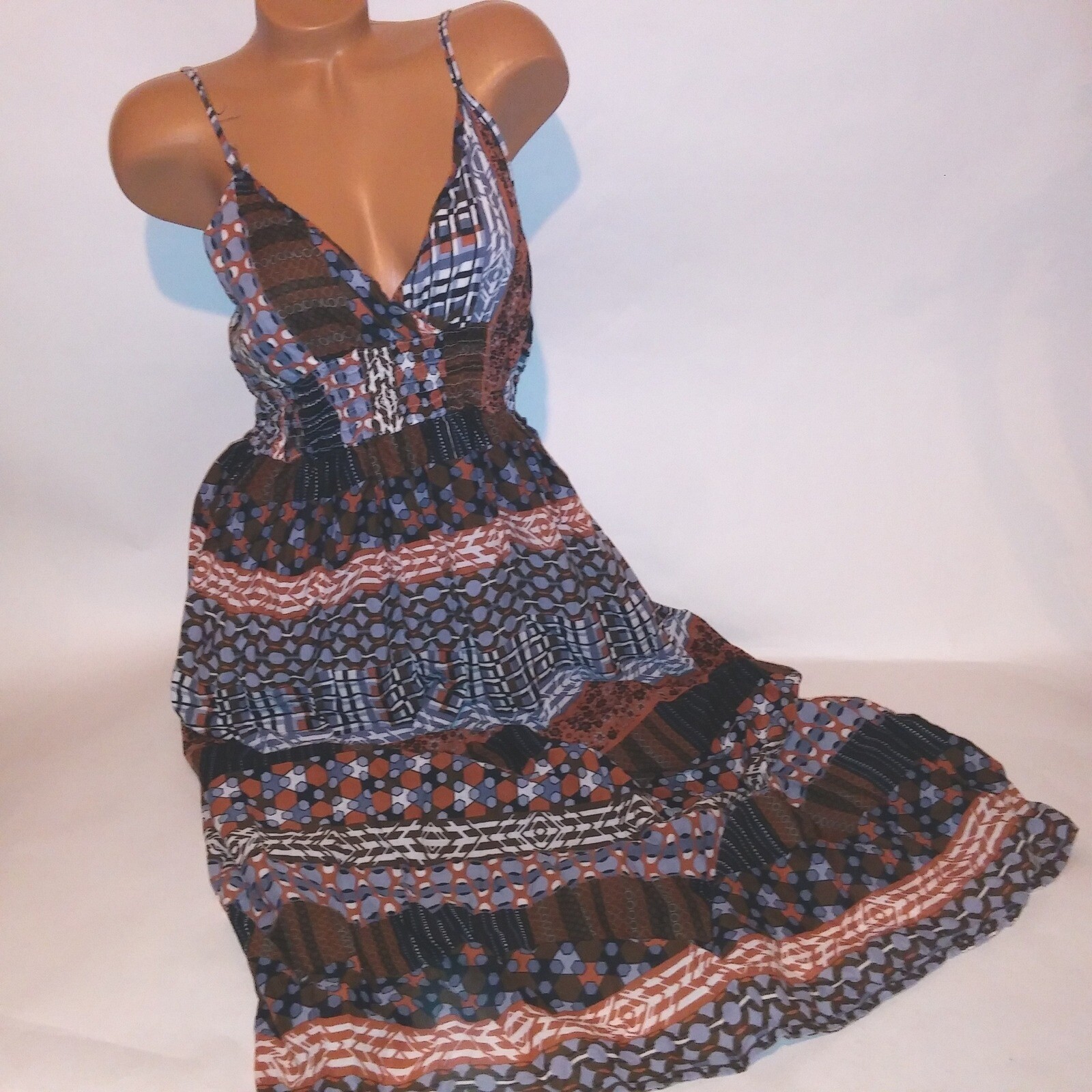 K Trixx Sun Dress Maxi Large Brown Blue White Smocked Sleeveless