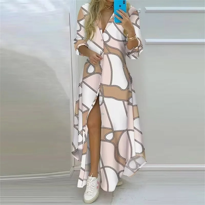 Summer Women Boho Printed Long Shirts Elegant Dress Turn-down Collar Long Sleeve