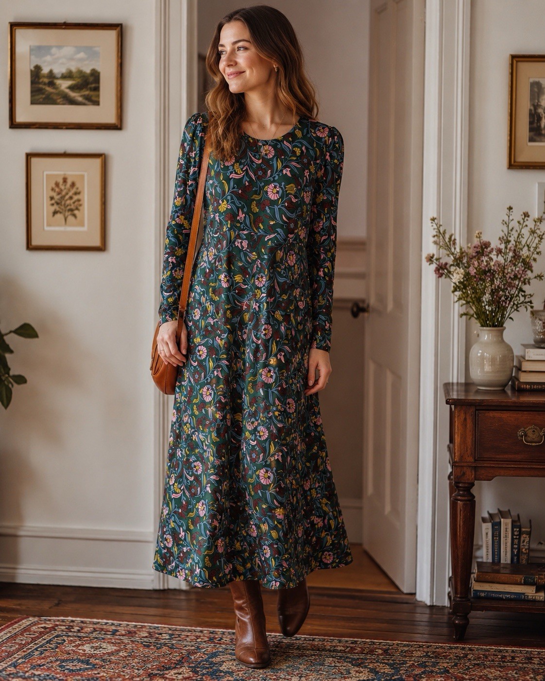 Boden NWT Green Floral Dress 6R Ecovero Knit Puff Shoulder Grannycore Boho D0338