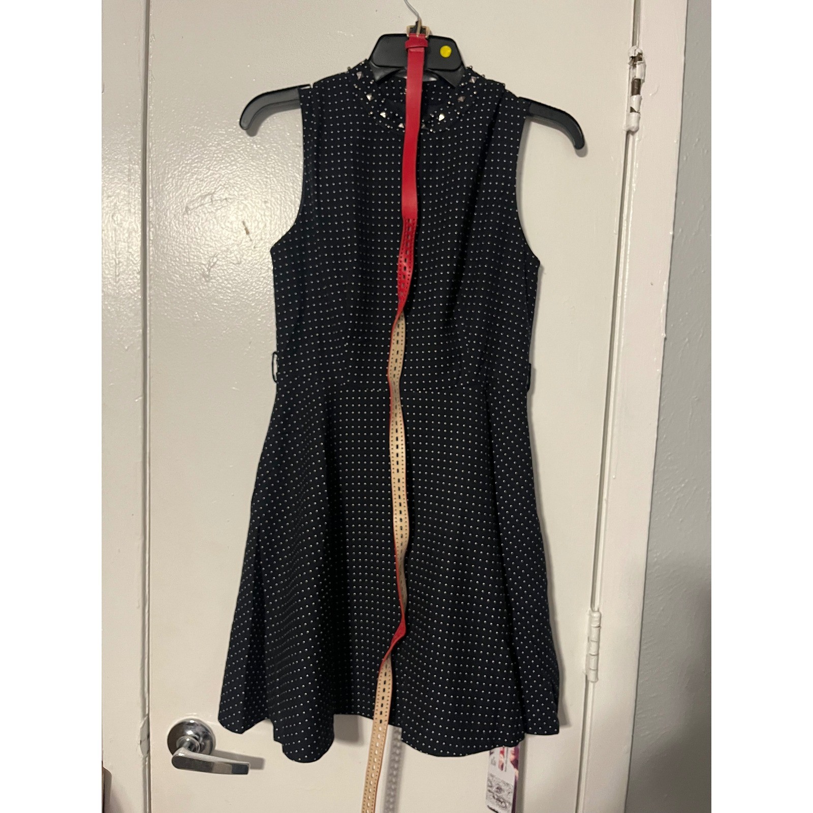 Kai Li Duo Zi Navy Polka Dot Studded High Neck Fit & Flare Dress NWT