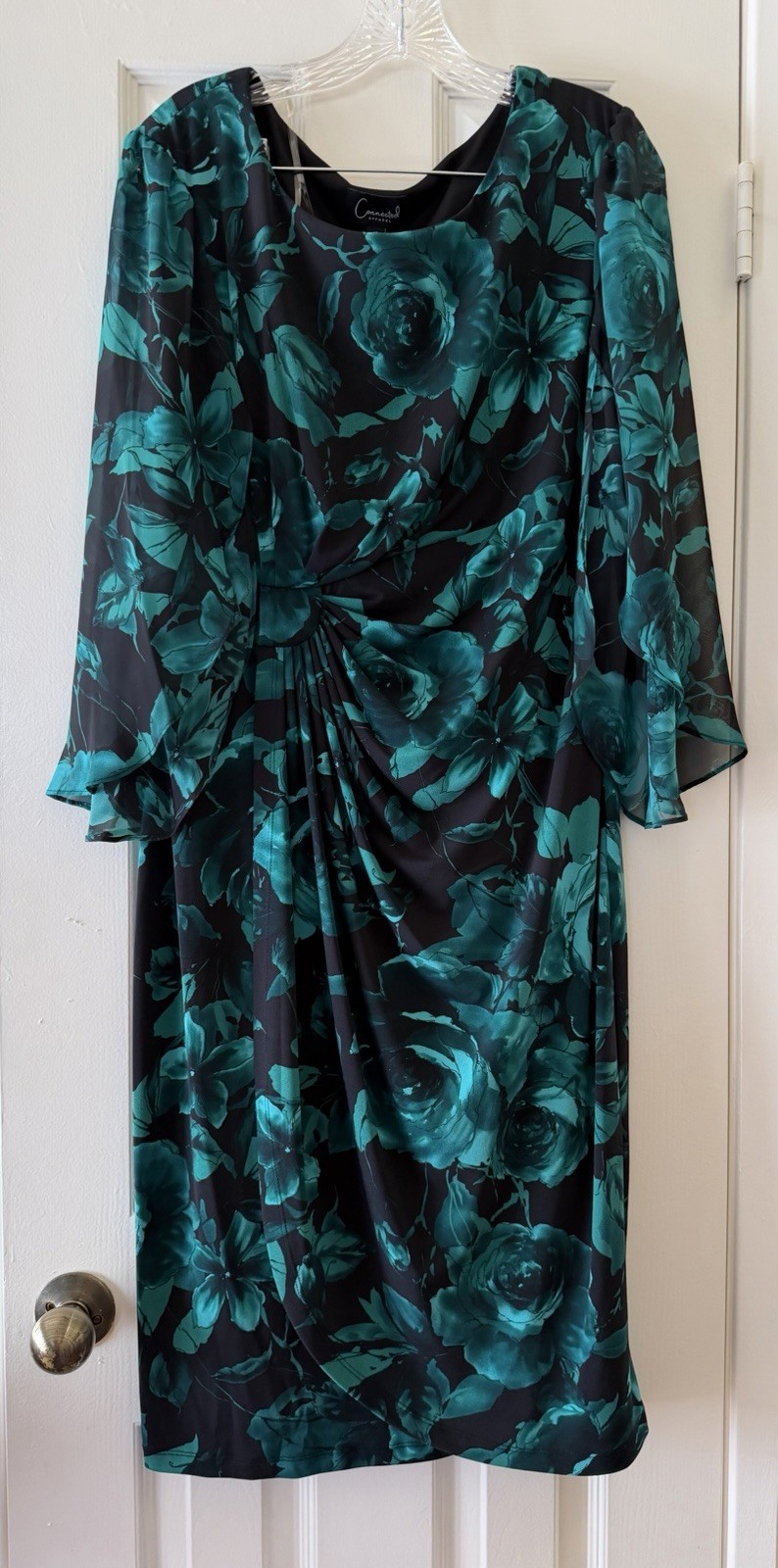 Connected Apparel Woman’s Size 16 Floral Ruched Sheath Dress Teal Black Romantic