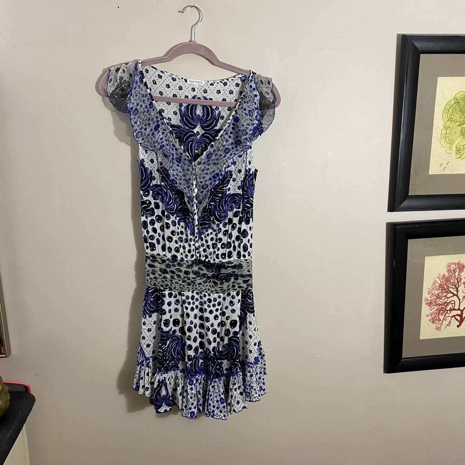 Poupette St Barth Women Blue Ruffle Boho Tiered V Neck Beline Mini Dress Sz XS