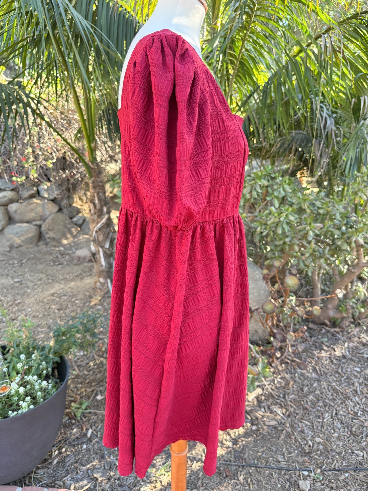 Babydoll Boho Puff Sleeve Smocked Cottagecore Mini Dress Red Size XL Textured