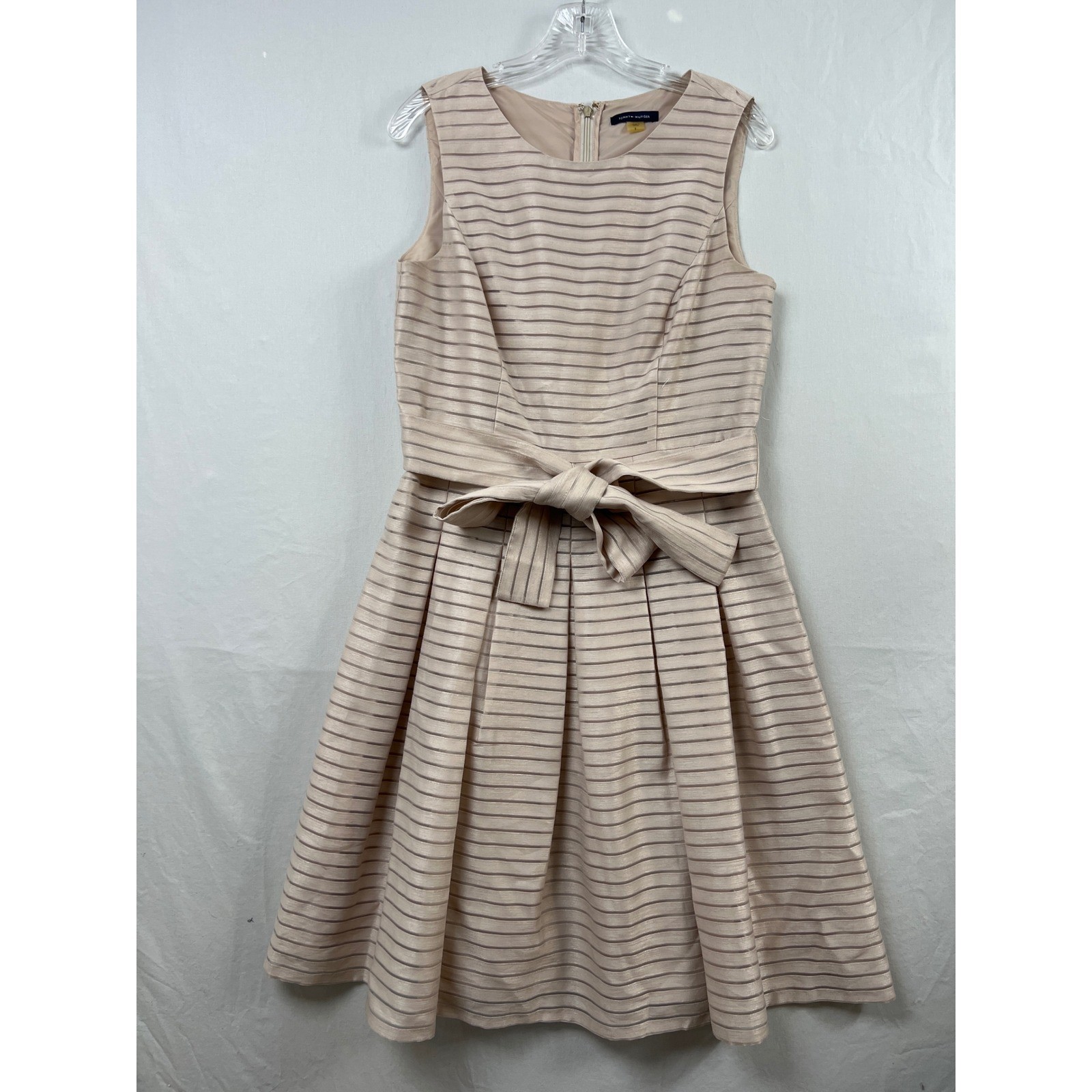Tommy Hilfiger Fit Flare Dress Womens 8 Tan Striped Pleated Tie Belt Cocktail