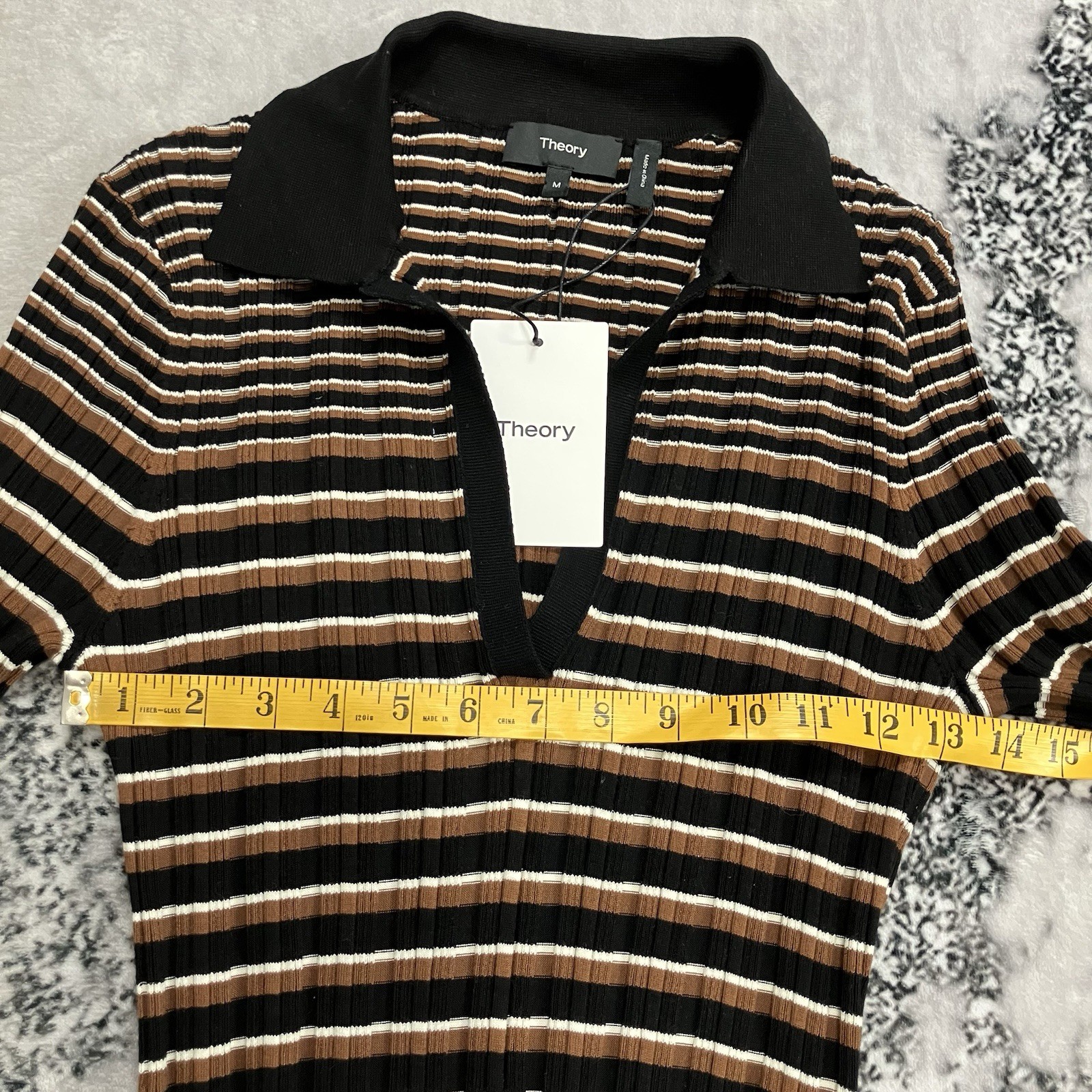 Theory Dress Womens Size M Ribbed Stripe Knit Midi Polo Collar Brown Black NWT