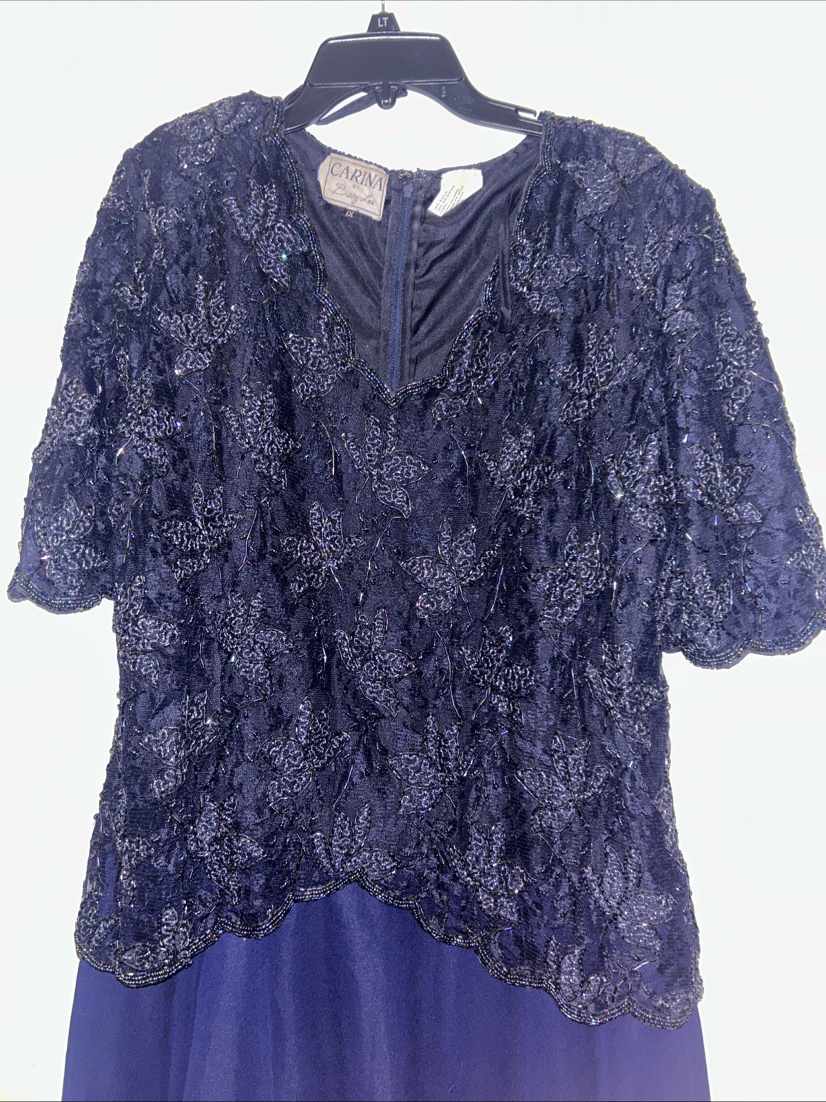 Carina by Barry Lee Navy Blue Sequin Lace Peplum Top Chiffon Skirt Dress 1X VTG