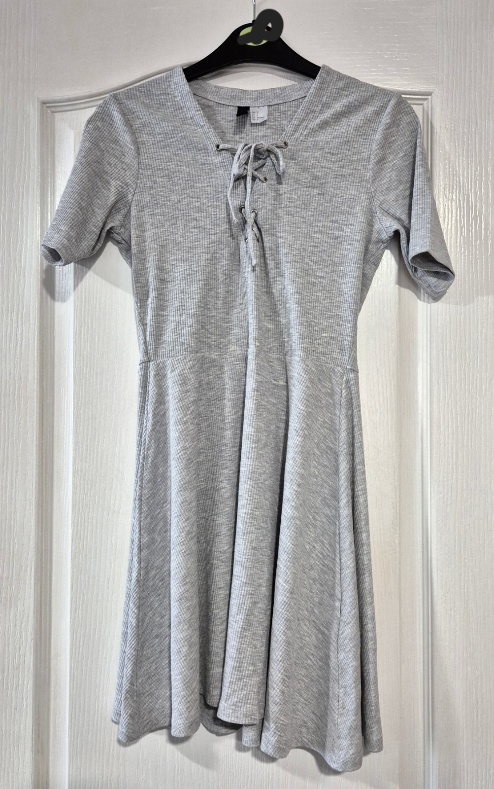 Grey Ribbed Lace-Up Mini Dress – Short Sleeve A-Line Skater Dress