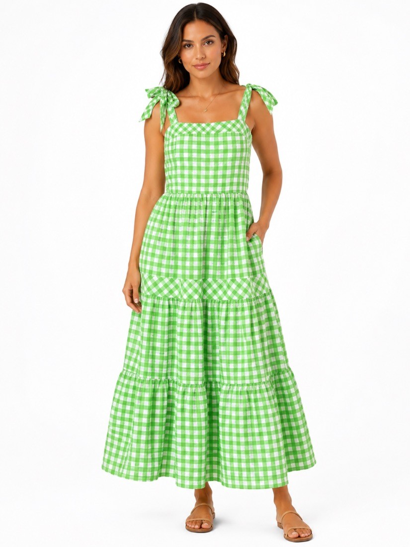 Sugar Lips Womens Green Gingham Tiered Maxi Dress Tie Strap Sundress Size L
