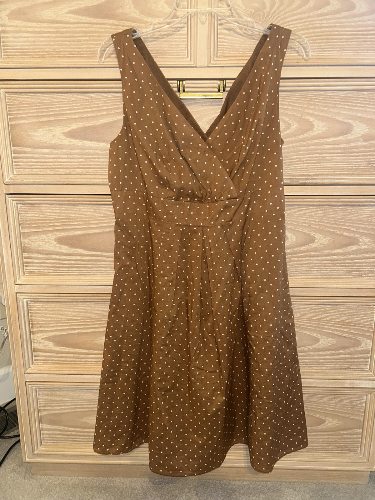 LANDS END Brown & White Polka Dot Dress Wrap Criss Front 100% Cotton Size 10