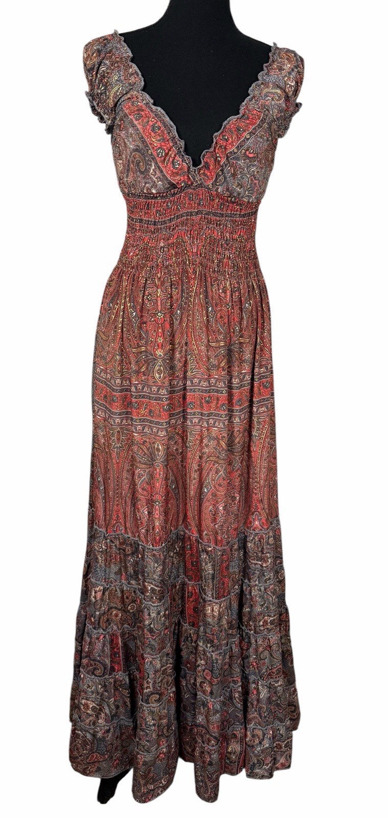 Cienna Womens Smocked Waist Tiered Maxi Dress Medium Silk Blend Flowy Boho