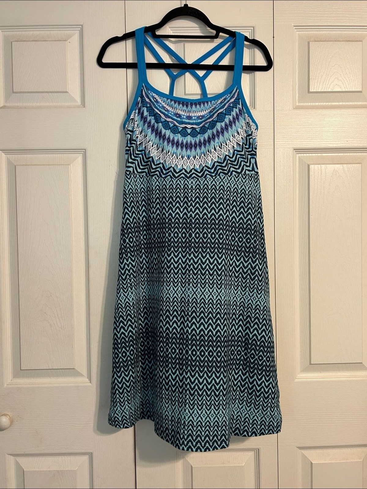 prAna Women’s Cora Ikat Tank Dress Blue Teal Purple Strappy A-Line Small Stretch
