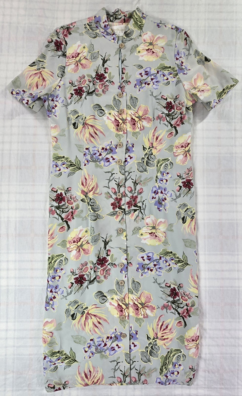 Vintage Dana Buchman 100% Silk Floral Midi Dress Button Front Short Sleeve 14