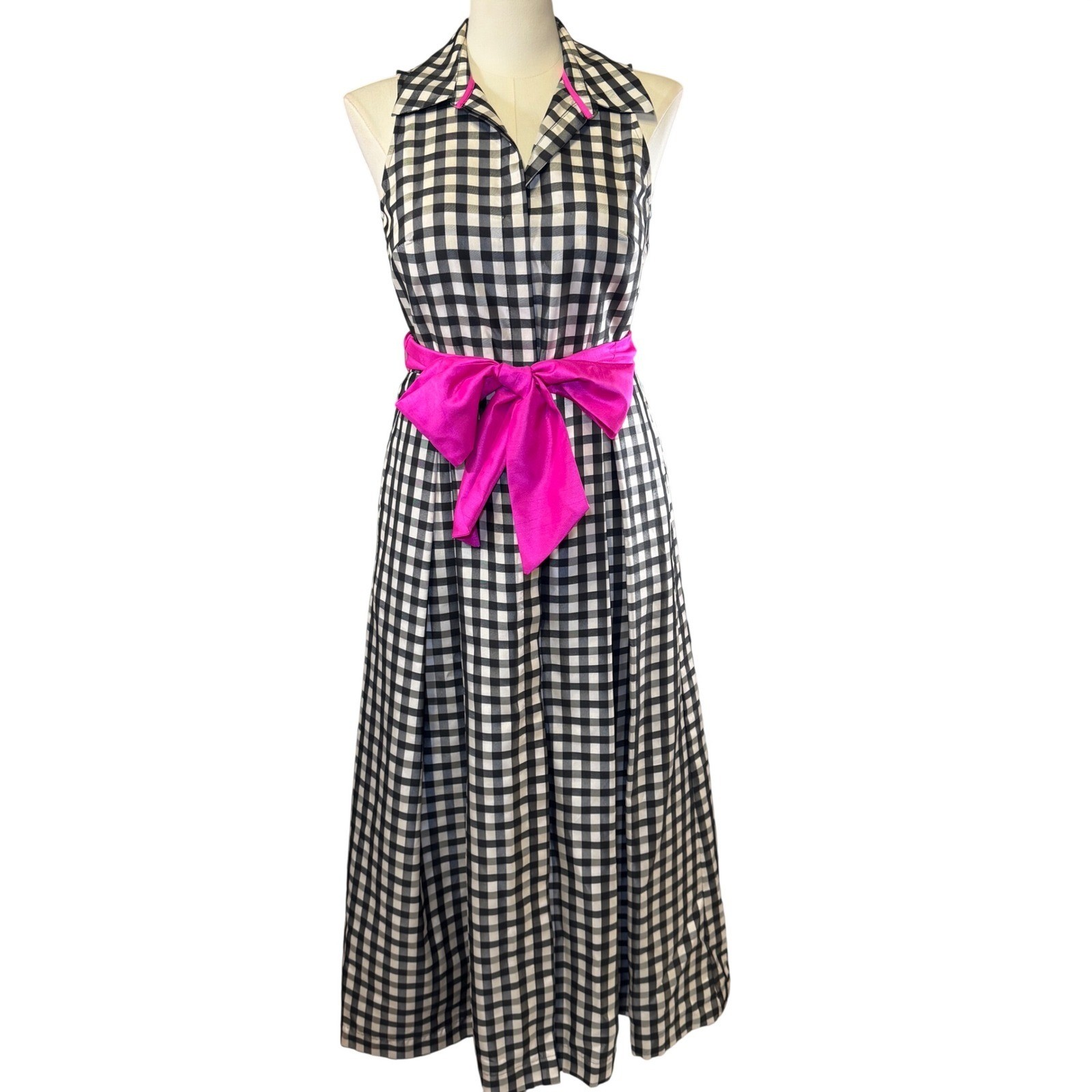 Eliza J Gingham Maxi Dress Black White Check Pink Sash Sleeveless Formal 10