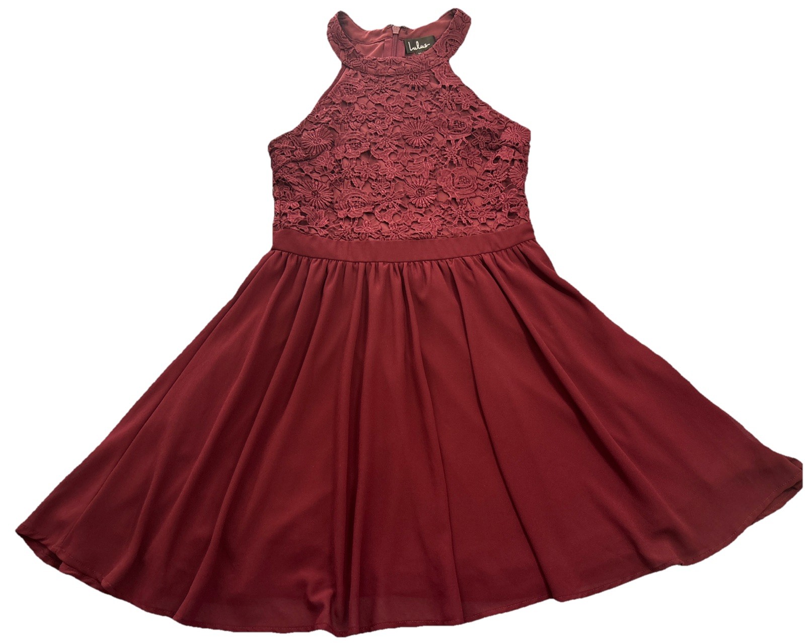Lulus Halter Fit & Flare Dress Eyelet Floral Bodice Burgundy Size Med
